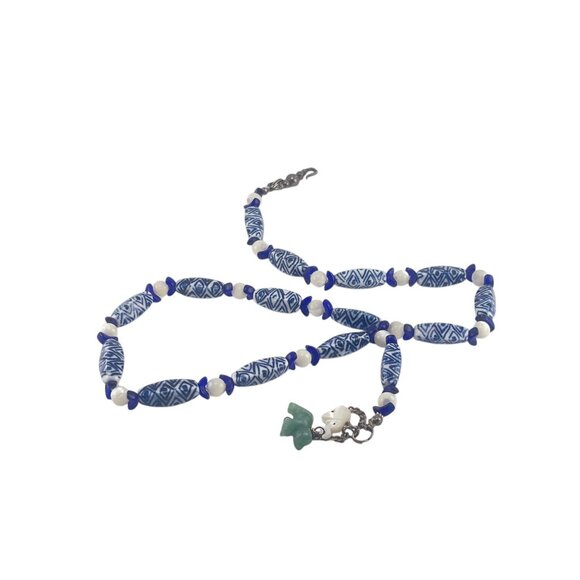 Handcrafted Blue & White Beaded Necklace With Jade Elephant Charm - Picture 5 of 11
